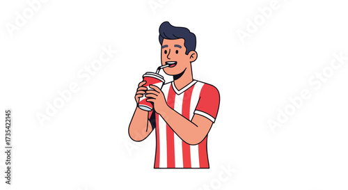 Cartoon illustration of a young man enjoying a refreshing beverage from a disposable cup with a straw on a clean white backdrop