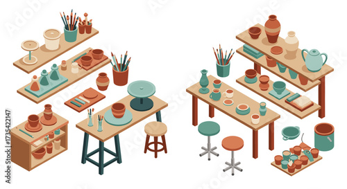 Cozy pottery workshop with craft supplies and clay pots in isometric design