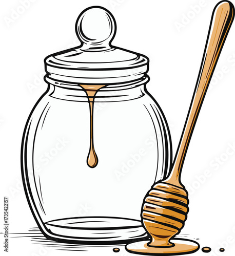 Smooth line drawing of honey jar with dripping honey dipper 2