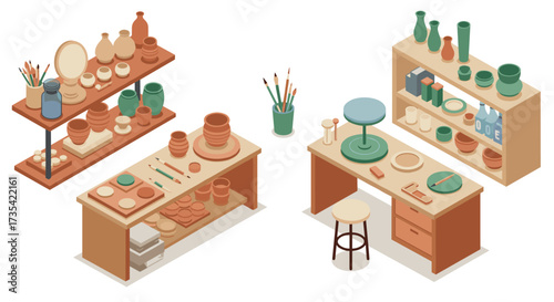 Cozy pottery workshop with tools and clay on wooden shelves and tables in isometric style