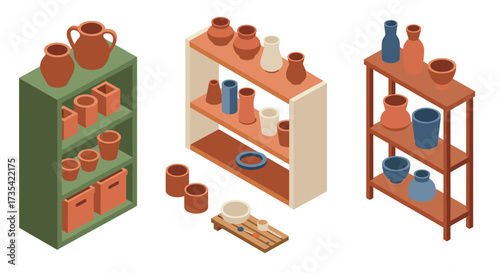 Isometric ceramic vases and shelves in minimalist scandinavian design