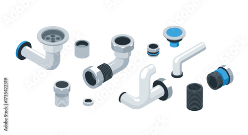 Isometric plumbing components set with pipes, drains, and connectors on white background