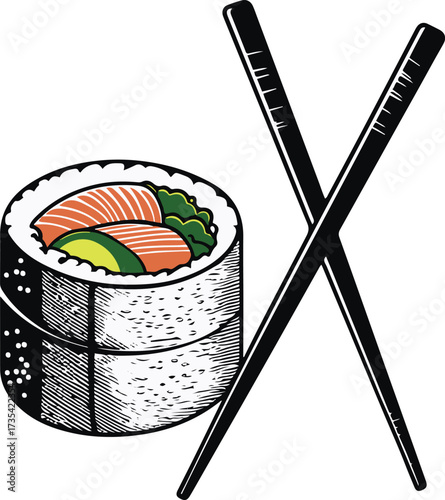 Continuous line art of sushi roll with chopsticks 1