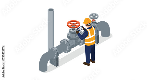 Industrial worker managing valve system in isometric design