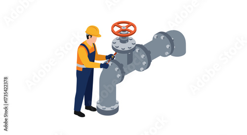 Isometric worker adjusting industrial pipeline valve for maintenance