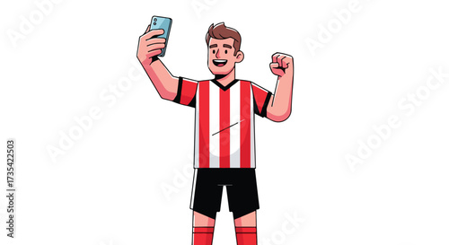 Cartoon soccer player celebrating victory by taking a selfie with his smartphone with enthusiasm and joy raising his fist and showing off his energy