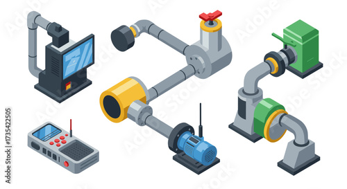 Isometric industrial equipment set featuring pipes, valves, machinery, and control devices