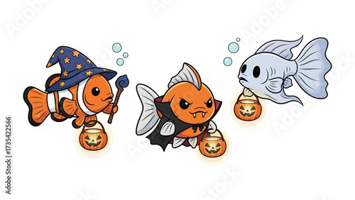 Halloween Fish Trio: Delight in the spooky season with a whimsical illustration of three festive fish, each donning a unique Halloween costume and holding a pumpkin treat basket. 