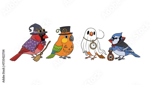 Halloween birds: A whimsical illustration featuring four distinct birds each adorned in playful Halloween costumes: a charming witch, a dapper steampunk, a ghostly specter, and a sly trickster.
