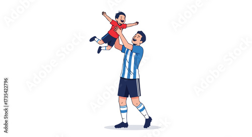 Father and son share joyful moments as a soccer player celebrates with his child after a game in a vector illustration portraying family bonds