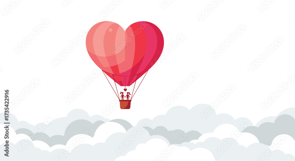 Fototapeta premium A heart shaped hot air balloon floats serenely above the clouds, Generative AI.