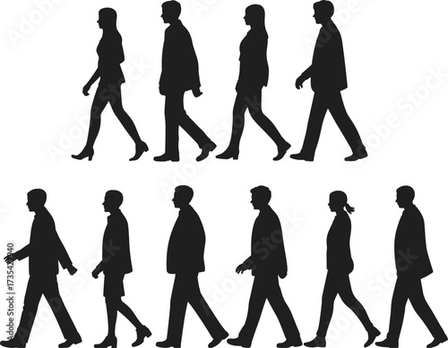 Silhouettes of people walking, black figures on white background, motion concept, urban lifestyle, diverse individuals, minimal design, artistic illustration, pedestrian movement