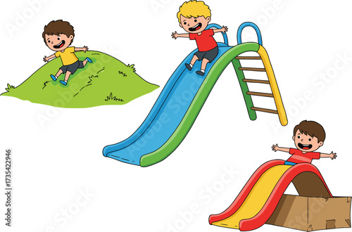 Happy children playing outdoors, kids sliding on playground, joyful childhood moments, outdoor fun, summer activity, family lifestyle, carefree energy, adventure