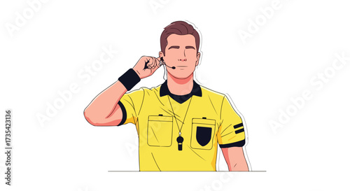 Focused referee communicating through earpiece on white background sports official illustration