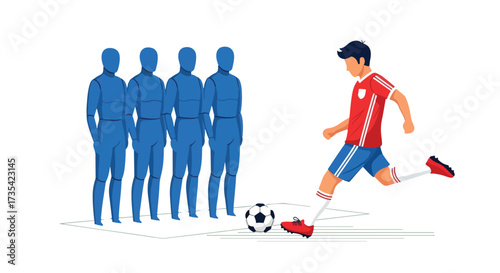 Illustrative soccer player attempting a free kick against a wall of defenders symbolizing teamwork and athletic skill displayed in a sports