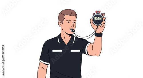 Cartoon depiction of a referee holding a stopwatch indicating 45 minutes game time during a sporting event or a match with a whistle