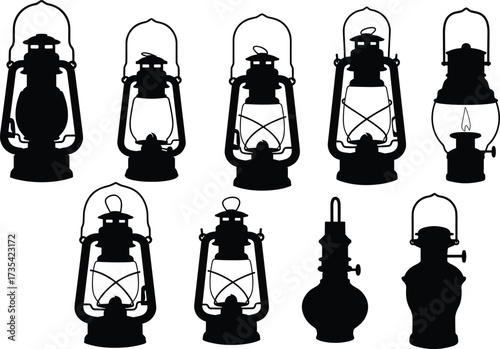 Lantern, vintage, silhouette, vector, black, icons, oil, lamp, flame, handle, glass, enclosure, classic, design, shape, antique, collection, historical, illustration, set