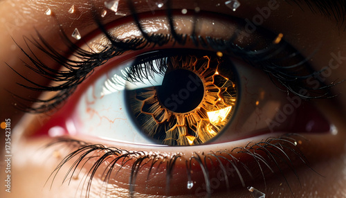 Captivating Eye Close-Up: Golden Iris with Geometric Patterns and Crystalline Accents