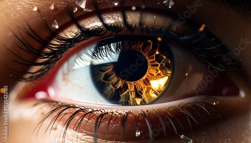 Fototapeta Captivating Eye Close-Up: Golden Iris with Geometric Patterns and Crystalline Accents