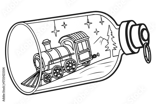 Steam train inside a bottle with mountains and stars