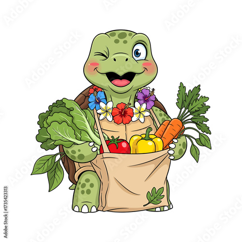 Cheerful Turtle Winking and Carrying Groceries in a Reusable Shopping Bag