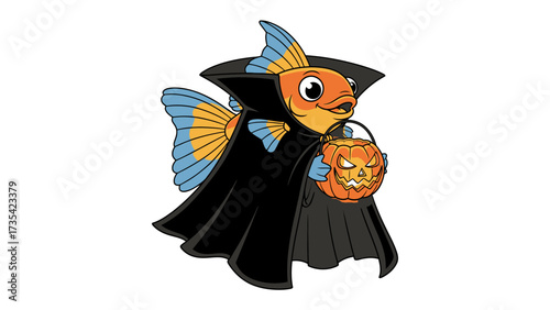 Halloween Fish Illustration: This whimsical illustration features a cartoon fish dressed up in a vampire costume, carrying a jack-o'-lantern, perfect for Halloween season. 