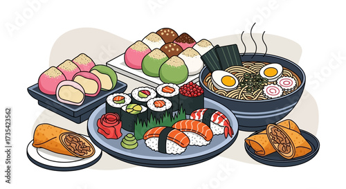 An inviting spread of various Japanese and Asian dishes including sushi, ramen, mochi, and spring rolls, presented on a light background.