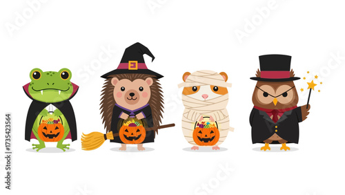 Halloween Characters: A delightful scene showcases an ensemble of adorable animal characters, perfectly costumed for Halloween. Each character embodies the spirit of the spooky holiday in a charming.