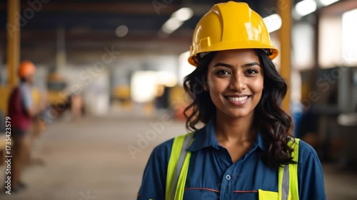 Smiling woman construction worker indoors.