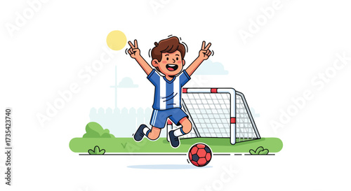 Animated soccer player jumping for joy after a goal celebration on a sunny day illustration