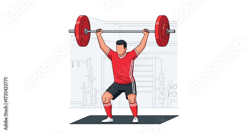 Illustration depicting an athlete successfully completing a clean and jerk lift in a gym environment, highlighting strength training and physical
