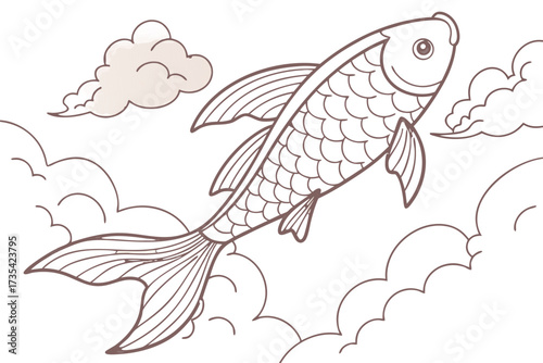 Koi fish swimming through clouds, traditional japanese art style