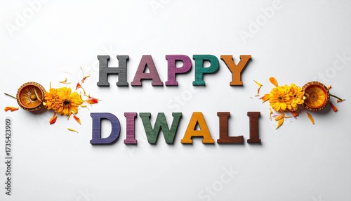 “HAPPY DIWALI” in multicolor text with oil lamps and marigold flowers on white background.