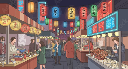 A vibrant night market scene with numerous food stalls, colorful lanterns, and a crowd of people enjoying the evening atmosphere.