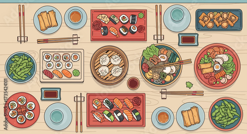 A variety of sushi and Japanese dishes on a table.