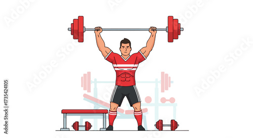 Illustrative depiction of a muscular man executing an overhead press in a gym setting showcasing power and strength