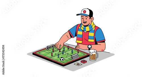 Enthusiastic football enthusiast plays table soccer with a beer, representing leisure and sporting passion with vibrant colors