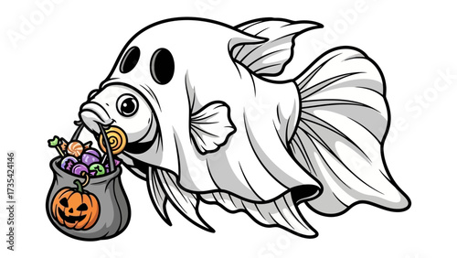 Halloween Betta Fish: A whimsically illustrated betta fish, donned in a ghostly sheet costume, triumphantly holds a candy-filled pumpkin bag, embodying the playful spirit of Halloween. 