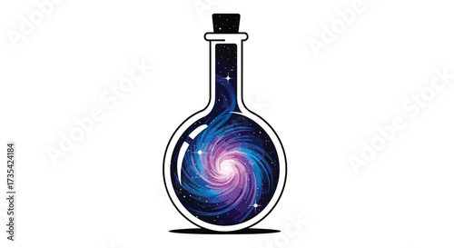 A swirling galaxy captured inside a glass potion bottle, Generative AI.