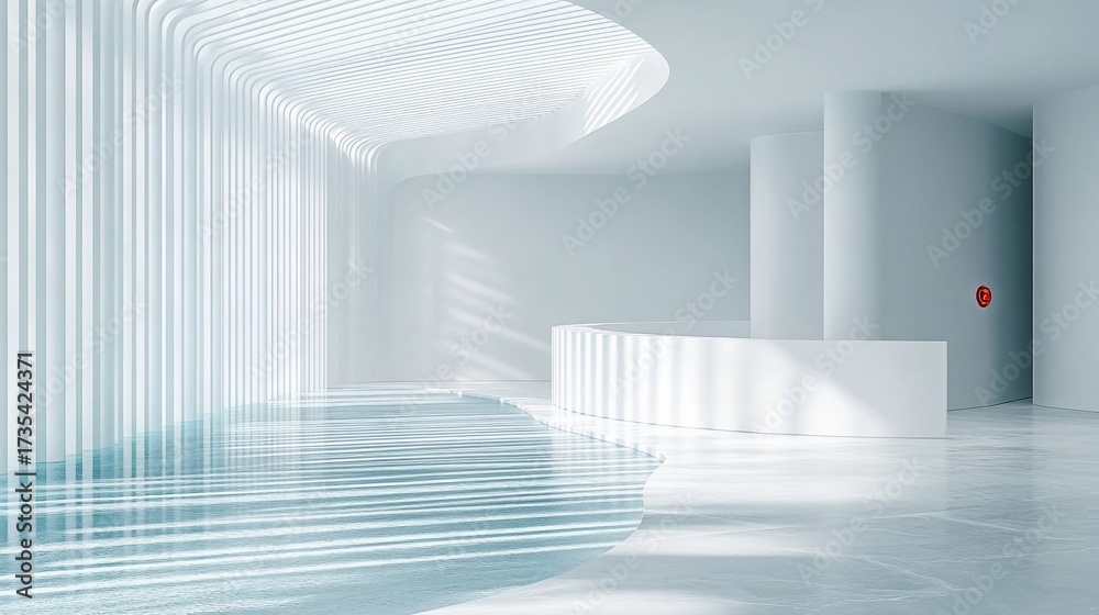 Obraz premium Modern white lobby, curved walls, water reflection, sunlight. Use Architecture, design