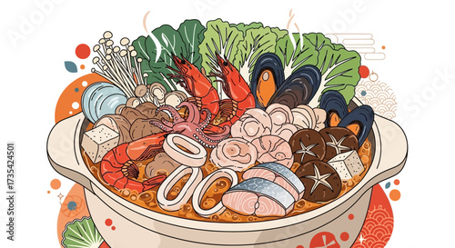 A colorful illustration of a hot pot filled with various ingredients.