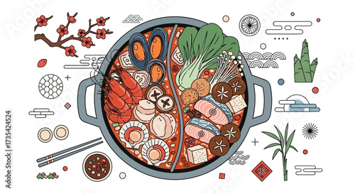 Vibrant illustration of Korean hot pot meal.