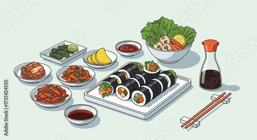 A variety of sushi and side dishes.