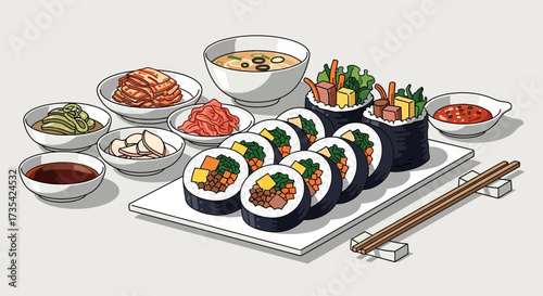 A variety of Korean sushi rolls and side dishes on a table.