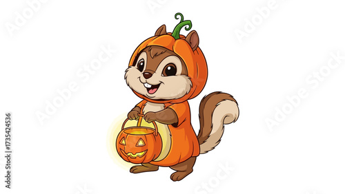 Whimsical Halloween Squirrel: A cheerful squirrel in a pumpkin costume, clutching a carved lantern, exudes Halloween charm with an air of festivity.