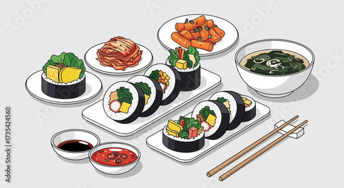A variety of sushi and side dishes on plates.