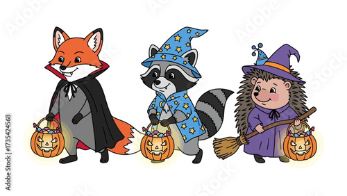 Halloween Trio: An enchanting illustration features a sly fox dressed as a vampire, a clever raccoon wizard, and a charming hedgehog witch.