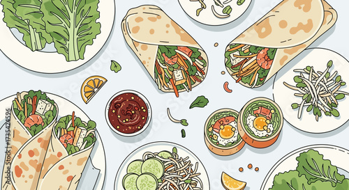 A variety of vegetarian dishes on plates.