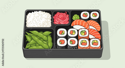 A bento box filled with sushi and vegetables.