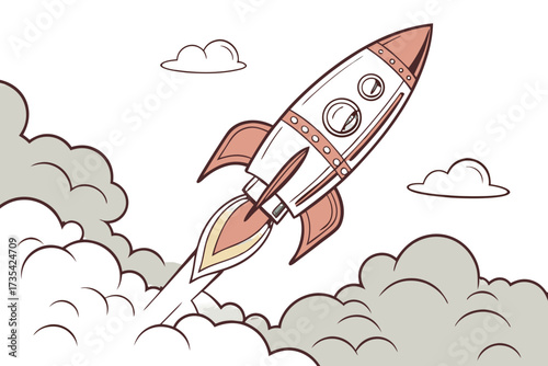 Rocket ship blasting off through clouds